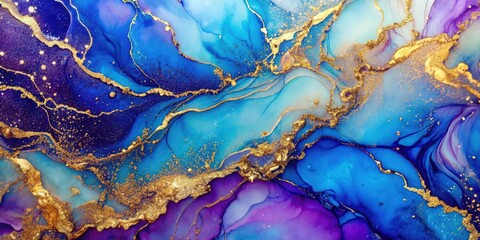 Wall Mural - Abstract blue, violet and gold glitter color background resembling marble texture with alcohol ink colors , abstract, blue