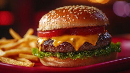 Canvas Print - a delicious burger with melted cheese and crispy fries on a red tray, perfect for a fast food concept banner design