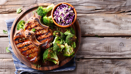 Poster - Grilled pork chops with cole slaw salad and steamed broccoli on wooden table, copy space for text