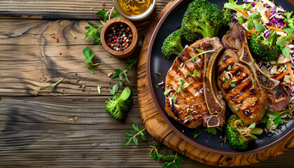 Wall Mural - Grilled pork chops with cole slaw salad and steamed broccoli on wooden table, copy space for text