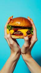 studio photo on blue background two white hands with hamburger