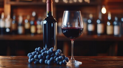 Elegant display of a bottle and glass of red wine with blue grapes on a vintage table, highlighted against a bar counter filled with various eine bottles.