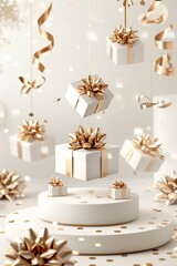 3d style Product podium scene with flying falling white gift box with gold bow. Merry Christmas and New Year festive banner design, greeting card. Vector illustration 