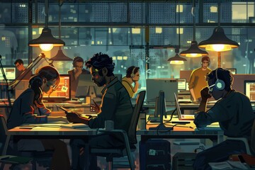 Wall Mural - In a bustling office, coworkers collaborate on projects while checking their phones for messages and updates