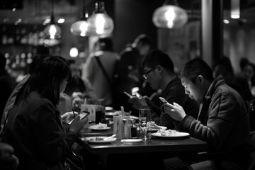 Wall Mural - In a bustling restaurant, diners enjoy their meals while periodically glancing at their phones for messages and social media updates