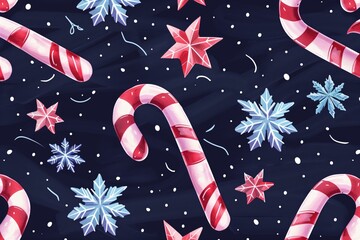 Wall Mural - Candy Canes Snowflakes Decorative Stars Seamless pattern on Dark Background Christmas greeting idea 