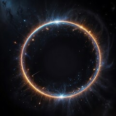 Blue circular shinning glowing light ring sparkle powerful effect dust explosion. Scatter bright neon on black background. Star frame galaxy and space digital