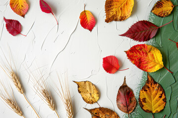 Wall Mural - Autumn background with colored leaves and wheat on white background, in a top view. Space for text. 