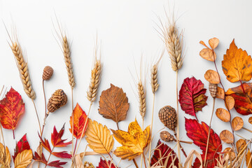 Wall Mural - Autumn background with colored leaves and wheat on white background, in a top view. Space for text. 