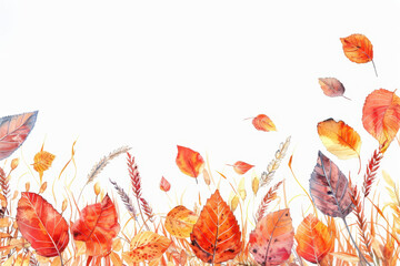 Wall Mural - Autumn background with colored leaves and wheat on white background, in a top view. Space for text. 