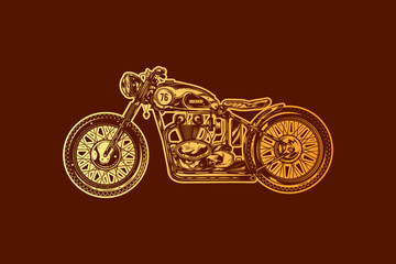 Classic vintage motorcycle. Original vector illustration in vintage style isolated on red background. T-shirt design.