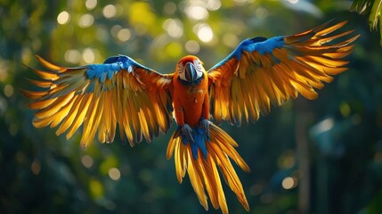 4K Detail Realistic Lush Amazon rainforest canopy, colorful macaws in flight,