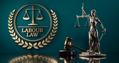 Labour Law: Themis and judge's gavel in the background of a golden icon with scales and text