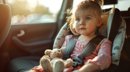 A little girl in a car seat holding an adorable rabbit toy, surrounded by seatbelts and straps, showcasing a happy and secure moment in the vehicle.