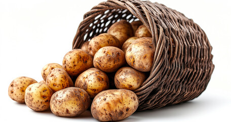 Wall Mural - A basket full of potatoes with a few of them being rotten. The basket is brown and the potatoes are brown and dirty