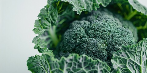 A head of broccoli is sitting in a pile of green leaves