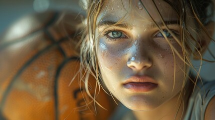 A determined looking young girl with a basketball, against a blurred background, capturing an energetic and entertaining moment