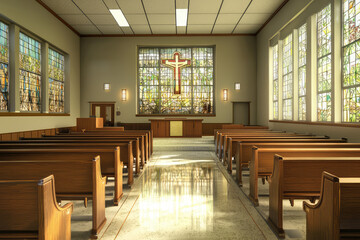 A Moment of Tranquility: Sunlight streams through stained glass windows illuminating the rows of empty pews in a hospital chapel, offering a peaceful sanctuary.