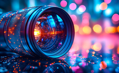 A camera lens is lit up with a bright orange light. The lens is surrounded by a colorful background, creating a vibrant and eye-catching image