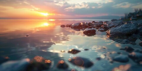 Poster - Serene Sunset Reflection on Rocky Shore