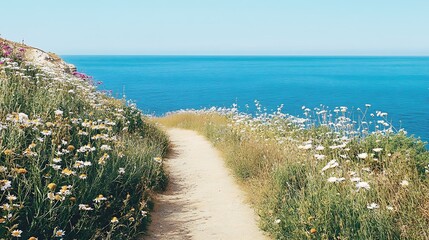 Wall Mural - A serene coastal path lined with wildflowers, overlooking a calm, blue sea