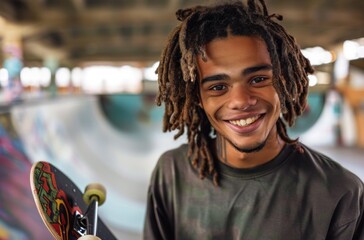 Wall Mural - A young man with dreadlocks is smiling and holding a skateboard. Freedom, agility, culture, adrenaline, youth, expression, movement, challenge, street concept.