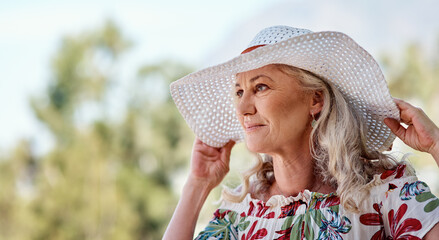 Old woman, nature and outdoor holiday for thinking, peace and countryside for weekend trip. Female person, senior retirement getaway and reflection on calm vacation, remember and nostalgia travel