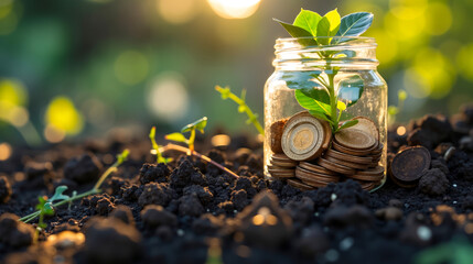 A glass jar filled with coins and a plant growing out of it