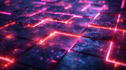 Poster - A captivating abstract image featuring a grid of squares illuminated by vibrant neon lights.