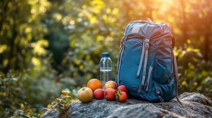 a blue hiking backpack with a water bottle and fresh fruits outdoors in a forest, showcasing a concept of on-the-go outdoor breakfast on a natural background