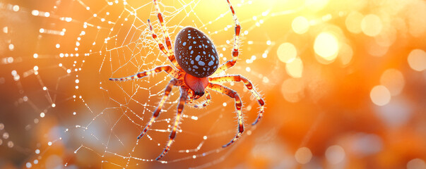 A spider is sitting on a web. The spider is brown and red. The web is orange and has a blurry background