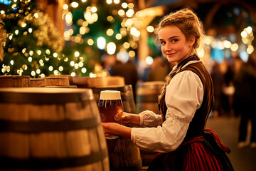 Young woman in traditional attire holding a beer mug at a cozy, festive venue, surrounded by wooden barrels and warm lights