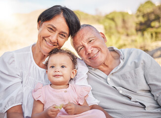 Canvas Print - Grandparents, portrait and baby outdoor with smile, travel and summer vacation in park. Holiday, family and youth together with care, bonding and love with happy senior people and child in nature