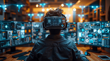 A man wearing a virtual reality headset sitting at a desk in front of multiple monitors