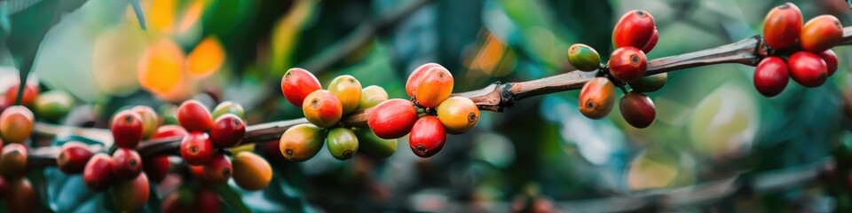 Poster - Coffee beans maturing on the coffee plant alongside fresh red berries on the branch