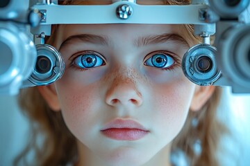 Close-up portrait of a young girl undergoing an eye examination.