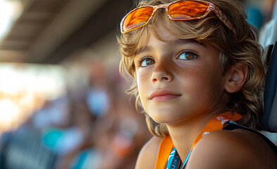 Wall Mural - A young boy with a sun visor on his head is looking at the camera.