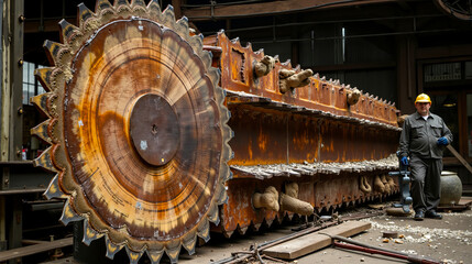 A man standing next to a large circular saw blade in a factory