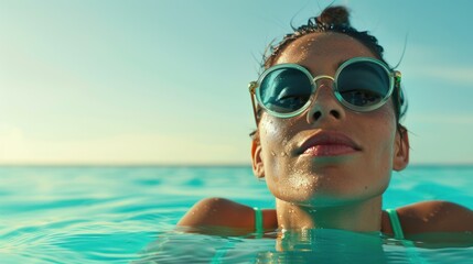 A woman in a bikini swims in the pool. Wearing large sunglasses and hair tied up in a bun.