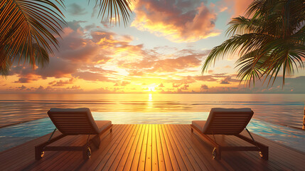 Poster - a serene scene of an infinity pool overlooking a beach at sunset. Two lounge chairs are placed on a wooden deck by the pool, facing the ocean where the sun is setting on the horizon