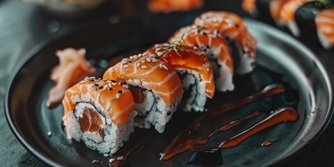 Poster - Modern black plate with fresh salmon and eel sushi rolls accompanied by soy sauce