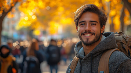 A man with a backpack and a smile on his face. He is surrounded by people. Scene is happy and friendly