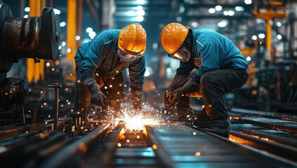 Oil workers wearing protective gear operating heavy machinery in an industrial setting, showcasing teamwork and safety measures in the oil industry
