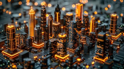 Poster - A miniature cityscape with glowing lights, standing on a circuit board.