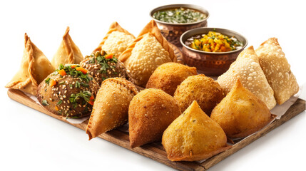 A plate of food with a variety of different shaped pastries and a bowl of sauce