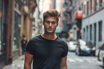 a man in a black shirt stands on a city street