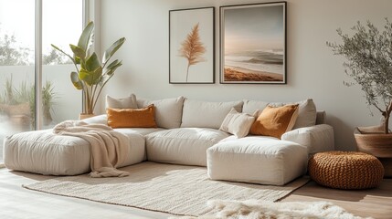 Wall Mural - a warm living room featuring a spacious sectional sofa, a soft throw blanket, and a stylish gallery wall, embodying a cozy minimalist design