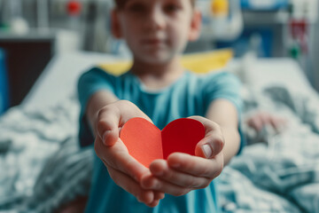 A sick child holds a paper heart as a sign of hope. Concept of cancer patients, children in hospitals, help little patients