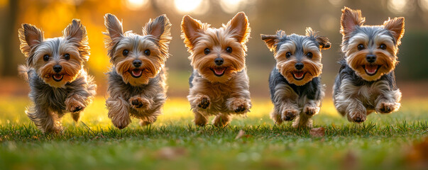 Wall Mural - A group of five dogs are running in a field. They are all smiling and seem to be enjoying themselves