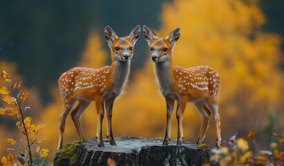 Two deer standing on a log in a forest